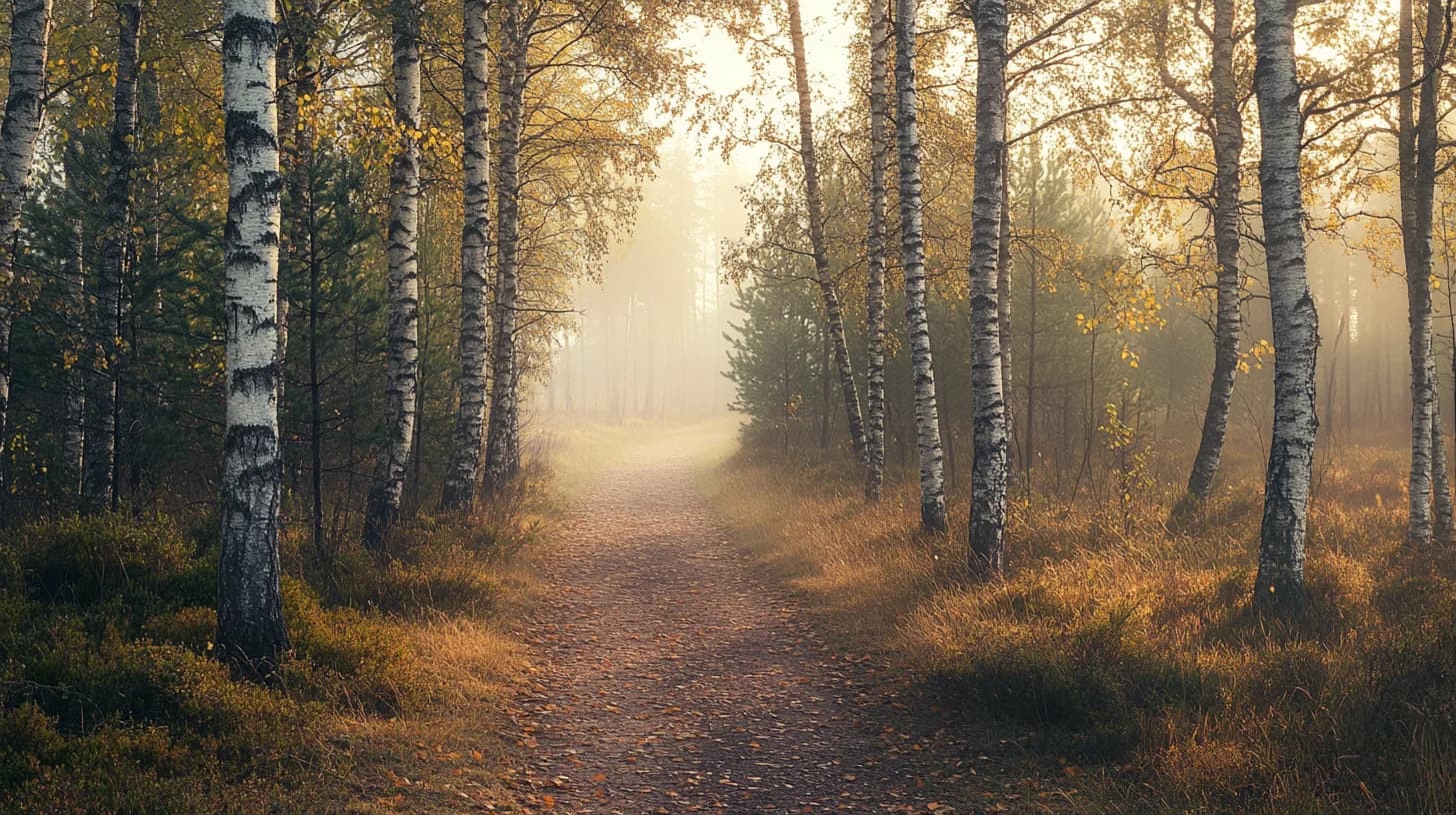 Tyhjä metsäpolku aamusumussa juoksuharjoittelua varten
