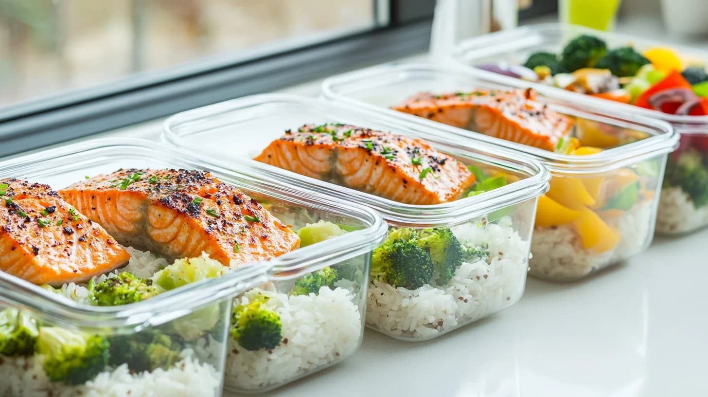 Meal prep laatikot proteiinilla ja kasviksilla terveelliseen ruokavalioon