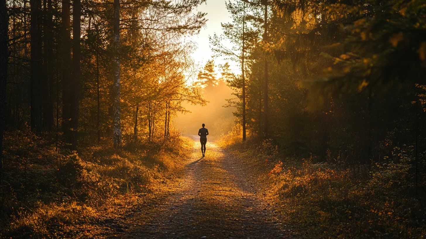 Juoksija auringonnousun aikaan metsäpolulla kehittämässä peruskuntoa