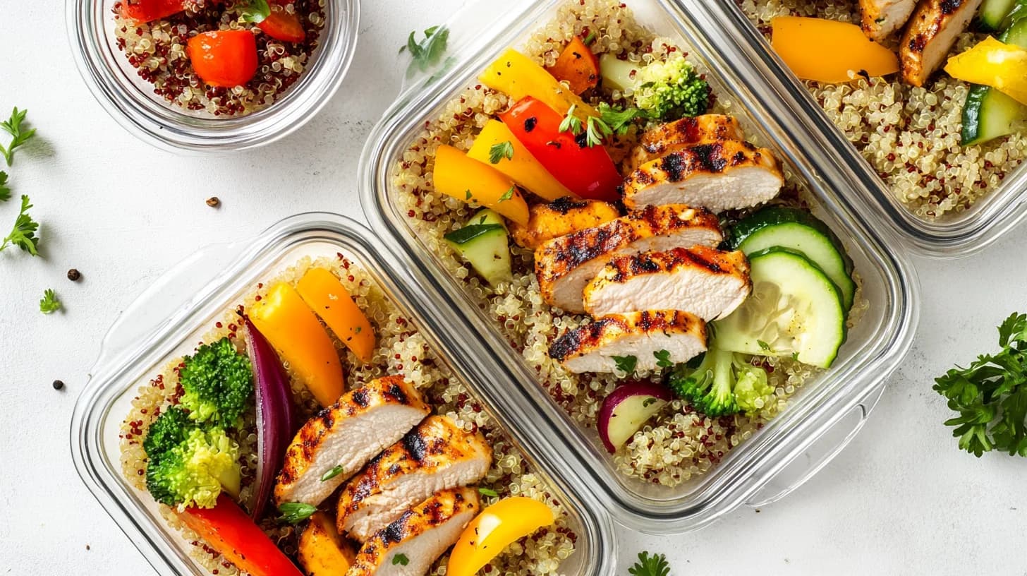 Meal prep -astioita terveellisellä ruoalla valkoisella pöydällä