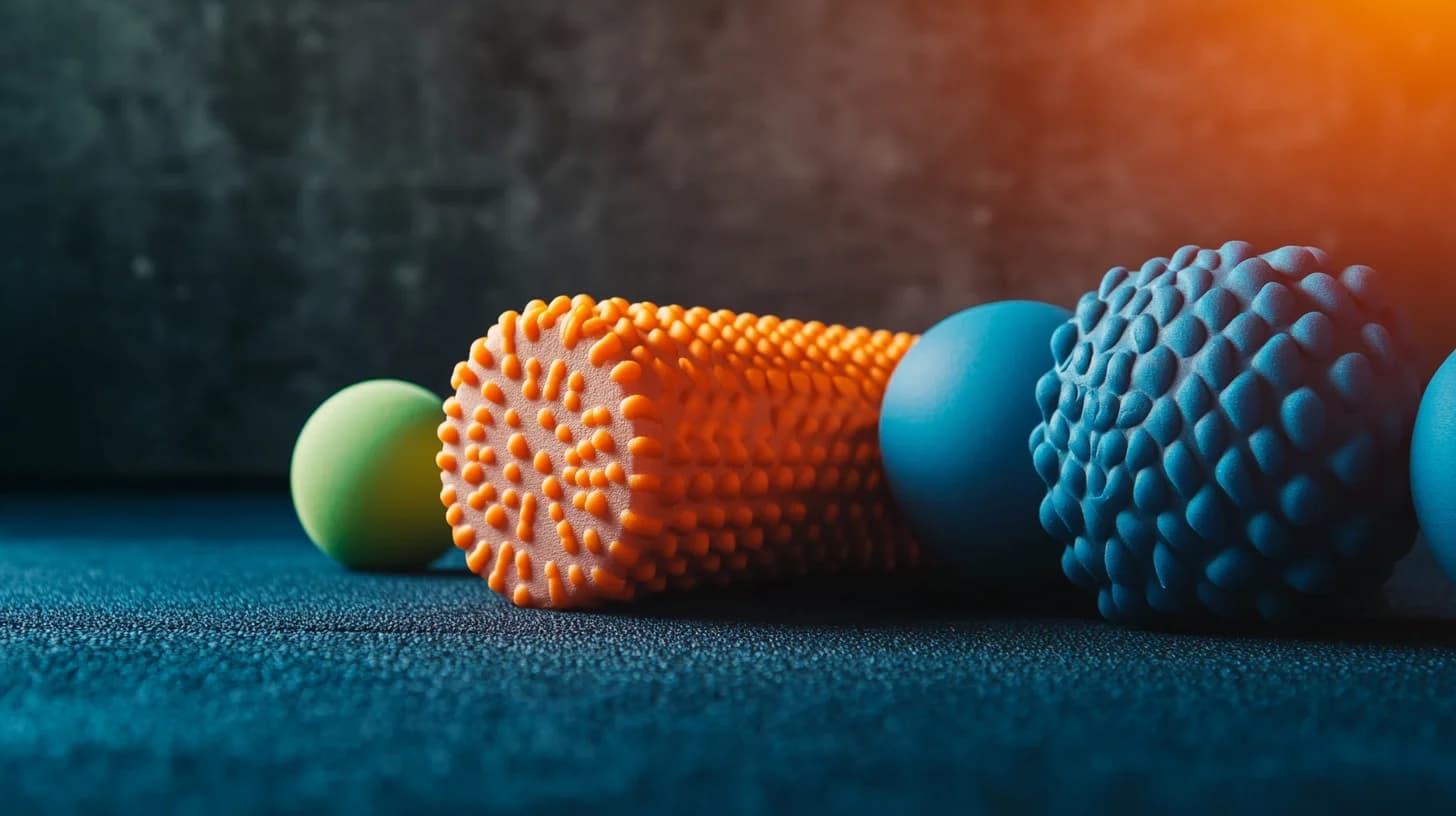 Foam roller ja venyttelyvälineet valmiina liikkuvuusharjoitukseen kotisalissa