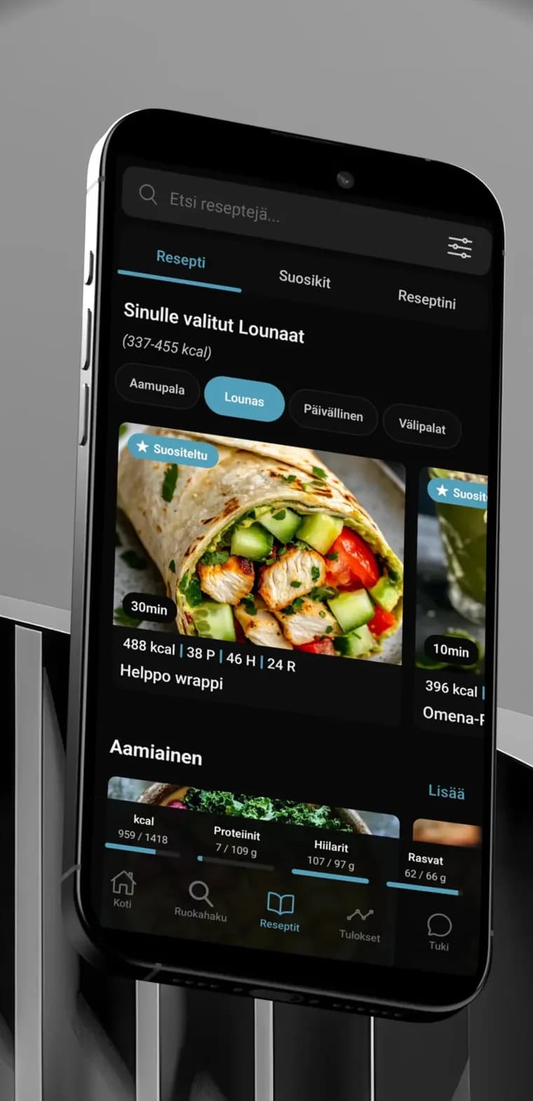 Ravinne-sovelluksen reseptikirja puhelimessa