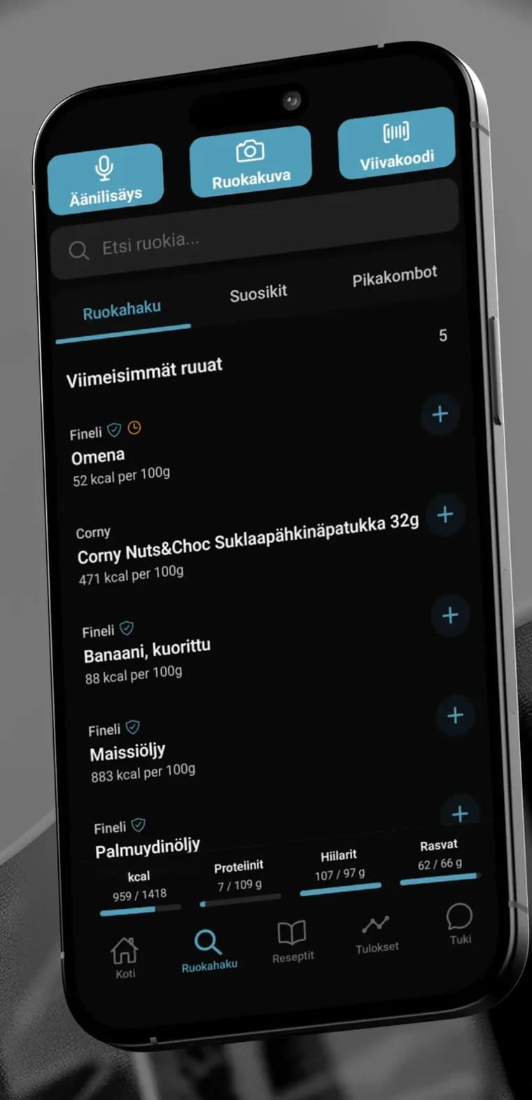 Ravinne-sovelluksen ruokahakunäkymä puhelimessa