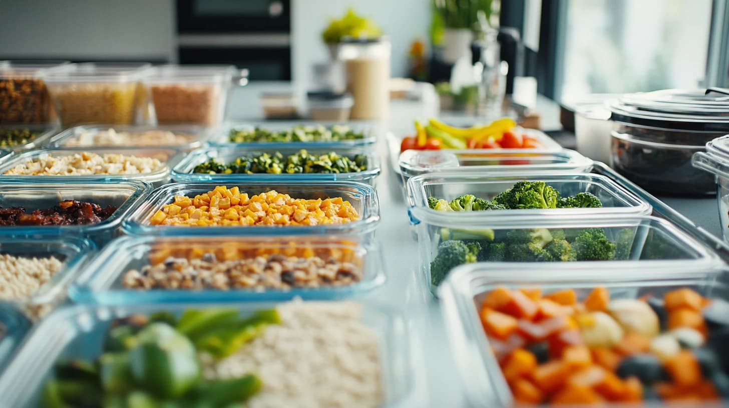 Meal prep -laatikot viikon aterioilla valkoisella pöydällä