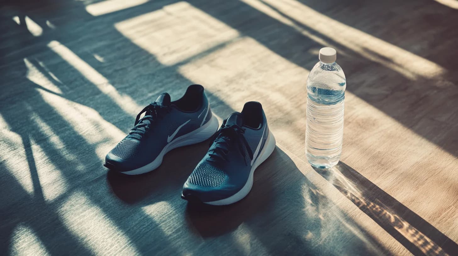 Juoksukengät ja vesipullo kuntosalilla HIIT-harjoitteluun