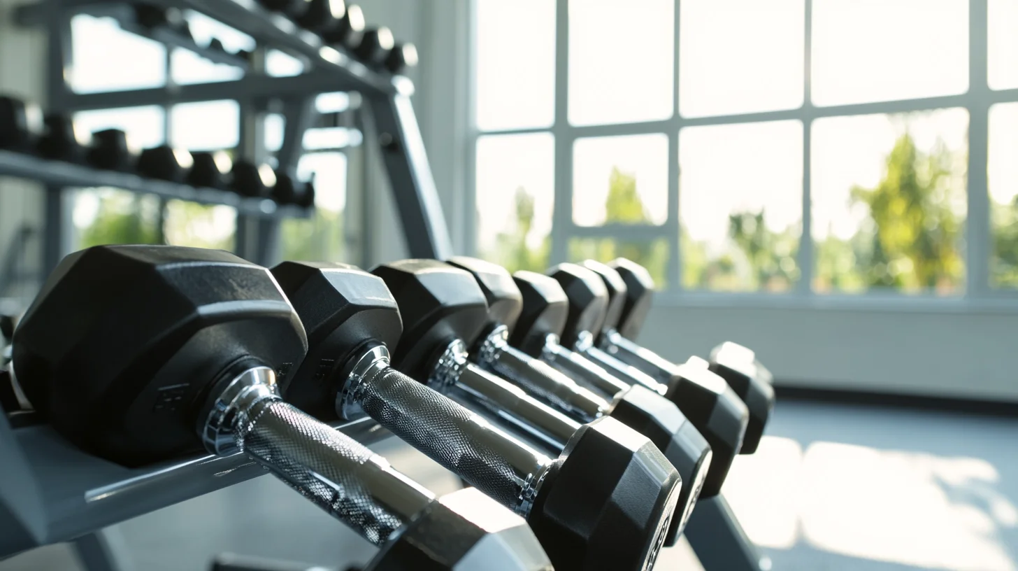 Käsipainot rivissä modernissa kuntosalissa voimaharjoittelua varten