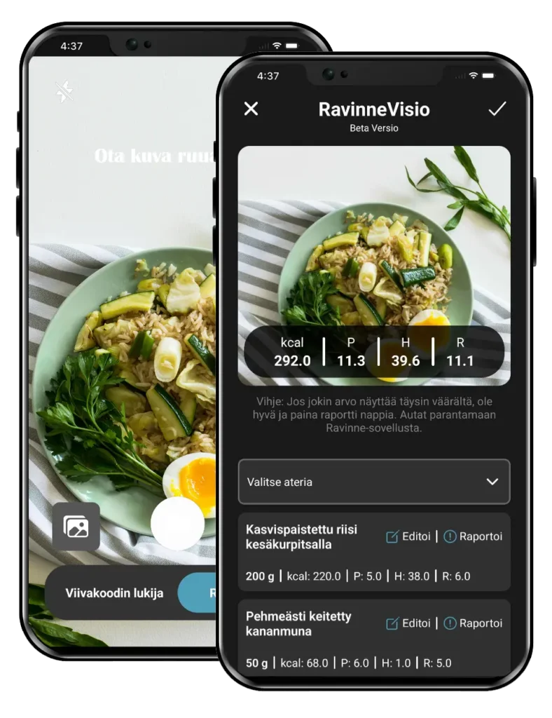 2 puhelinta missä ravinne sovelluksen "Ravinnevisio" ominaisuus näkyy miten ruuasta otetaan kuva ja sovellus tunnistaa sen ravinne arvot sen kautta.