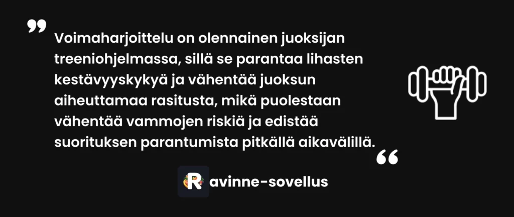 Voimaharjoittelu on olennainen juoksijan treeniohjelmassa, sillä se parantaa lihasten kestävyyskykyä ja vähentää juoksun aiheuttamaa rasitusta, mikä puolestaan vähentää vammojen riskiä ja edistää suorituksen parantumista pitkällä aikavälillä.