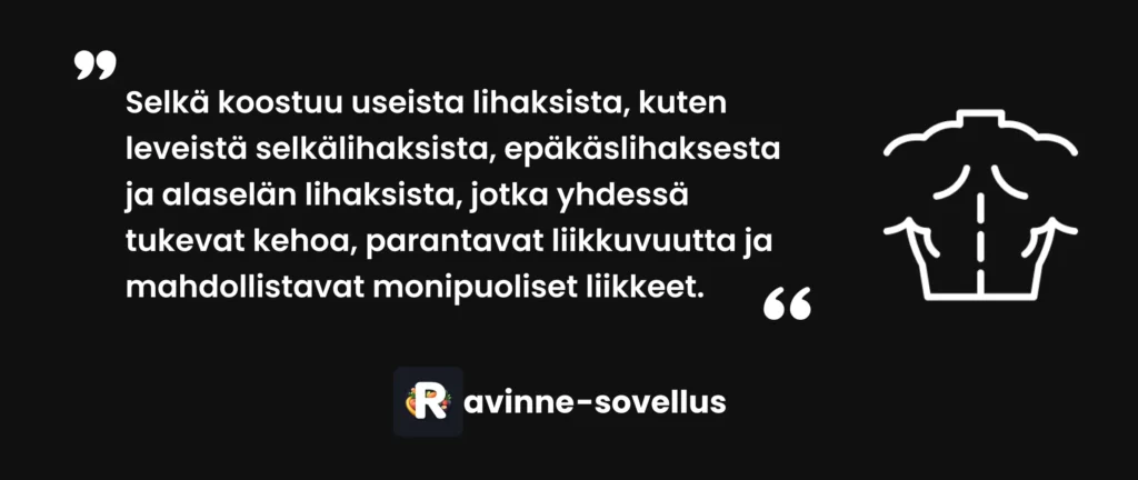 Selkä koostuu useista lihaksista, kuten leveistä selkälihaksista, epäkäslihaksesta ja alaselän lihaksista, jotka yhdessä tukevat kehoa, parantavat liikkuvuutta ja mahdollistavat monipuoliset liikkeet.