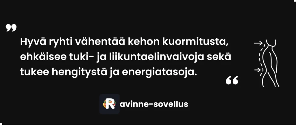 Hyvä ryhti vähentää kehon kuormitusta, ehkäisee tuki- ja liikuntaelinvaivoja sekä tukee hengitystä ja energiatasoja.