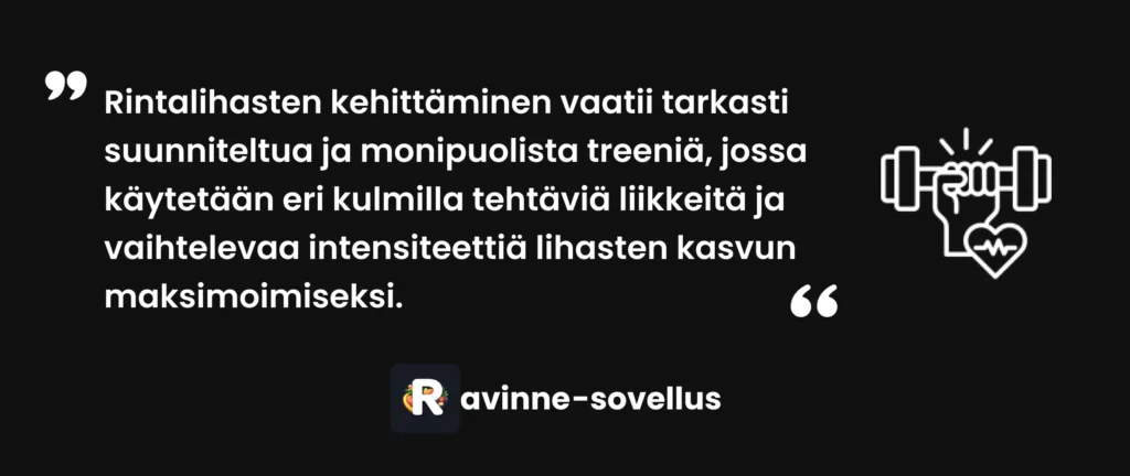 Rintalihasten kehittäminen vaatii tarkasti suunniteltua ja monipuolista treeniä, jossa käytetään eri kulmilla tehtäviä liikkeitä ja vaihtelevaa intensiteettiä lihasten kasvun maksimoimiseksi.