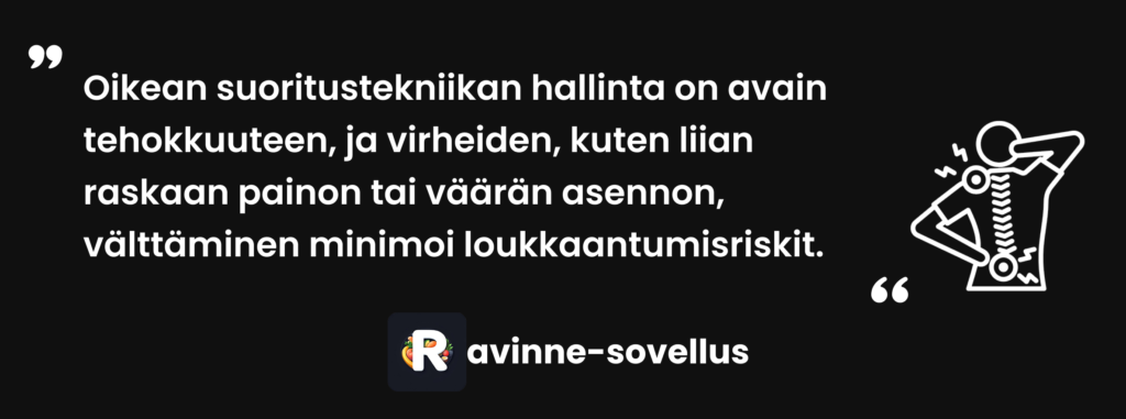 Oikean suoritustekniikan hallinta on avain tehokkuuteen, ja virheiden, kuten liian raskaan painon tai väärän asennon, välttäminen minimoi loukkaantumisriskit.