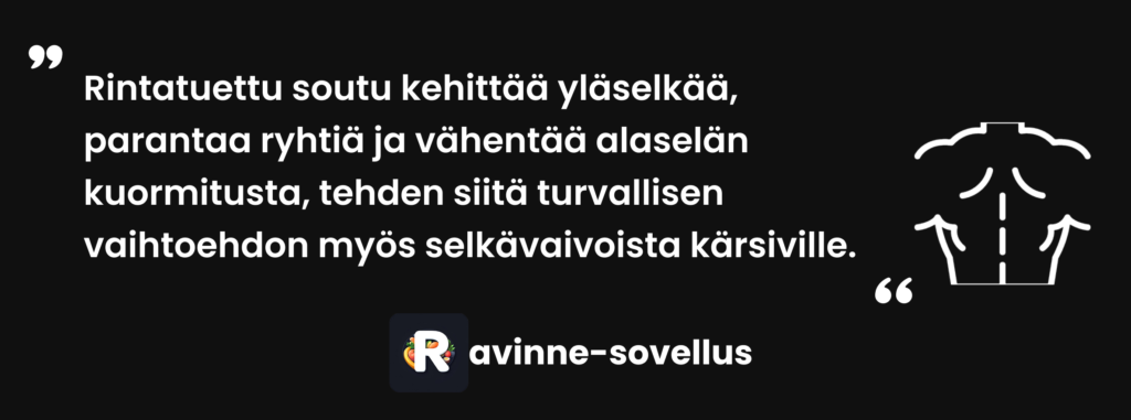 Rintatuettu soutu kehittää yläselkää, parantaa ryhtiä ja vähentää alaselän kuormitusta, tehden siitä turvallisen vaihtoehdon myös selkävaivoista kärsiville.