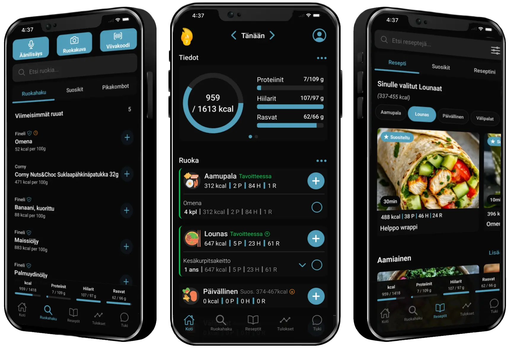 newest_phone_screens 3 puhelinta missä näkyy ravinne sovelluksen eri sivuja